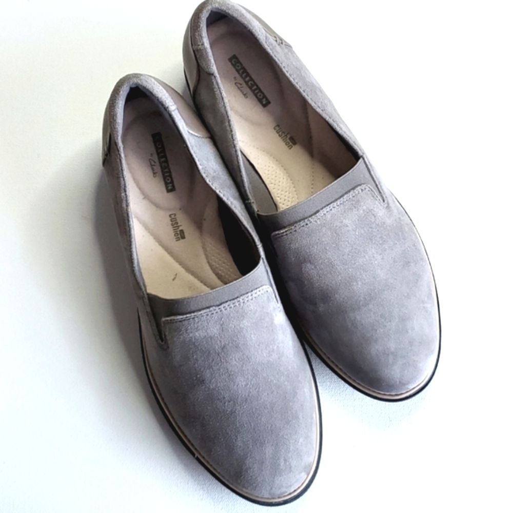 Collection by Clark's Sharon Dolly Gray Suede Wedge Soft Slip On Loafers…